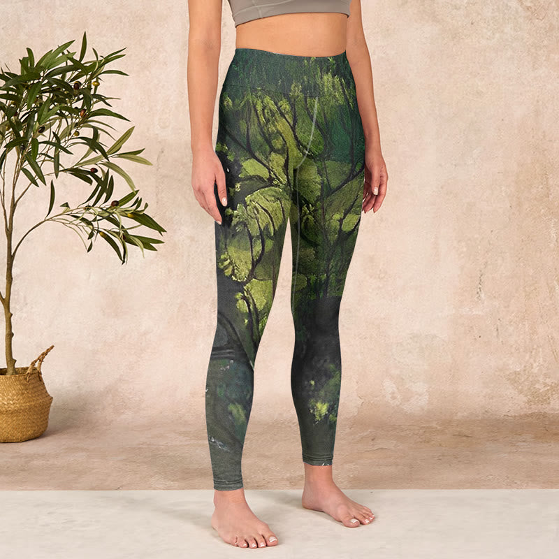 Buddha Stones ForestGreen Leaves Black Lines Print Exercise Leggings Women's Yoga Pants - image 3