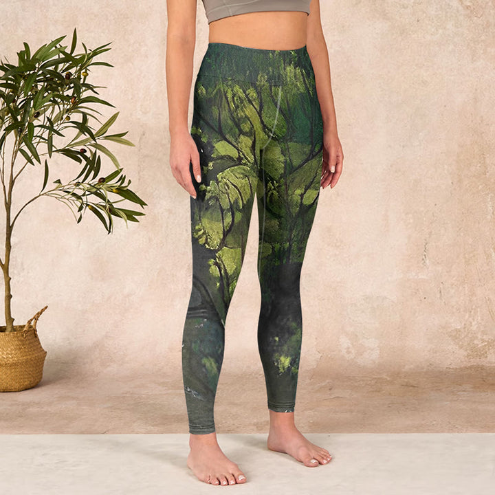 Buddha Stones ForestGreen Leaves Black Lines Print Exercise Leggings Women's Yoga Pants - image 3