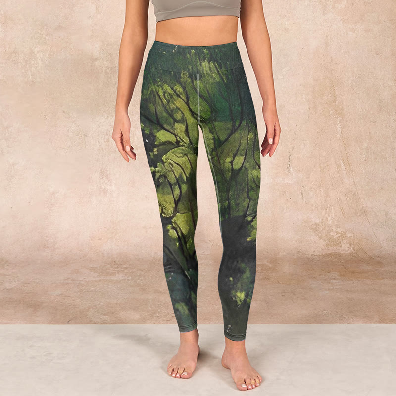 Buddha Stones ForestGreen Leaves Black Lines Print Exercise Leggings Women's Yoga Pants - image 1