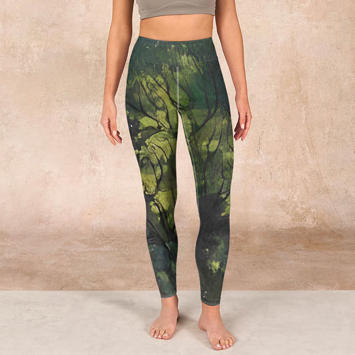 Buddha Stones ForestGreen Leaves Black Lines Print Exercise Leggings Women's Yoga Pants - image 1