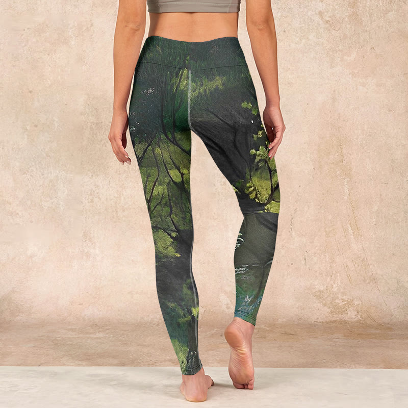 Buddha Stones ForestGreen Leaves Black Lines Print Exercise Leggings Women's Yoga Pants - image 14