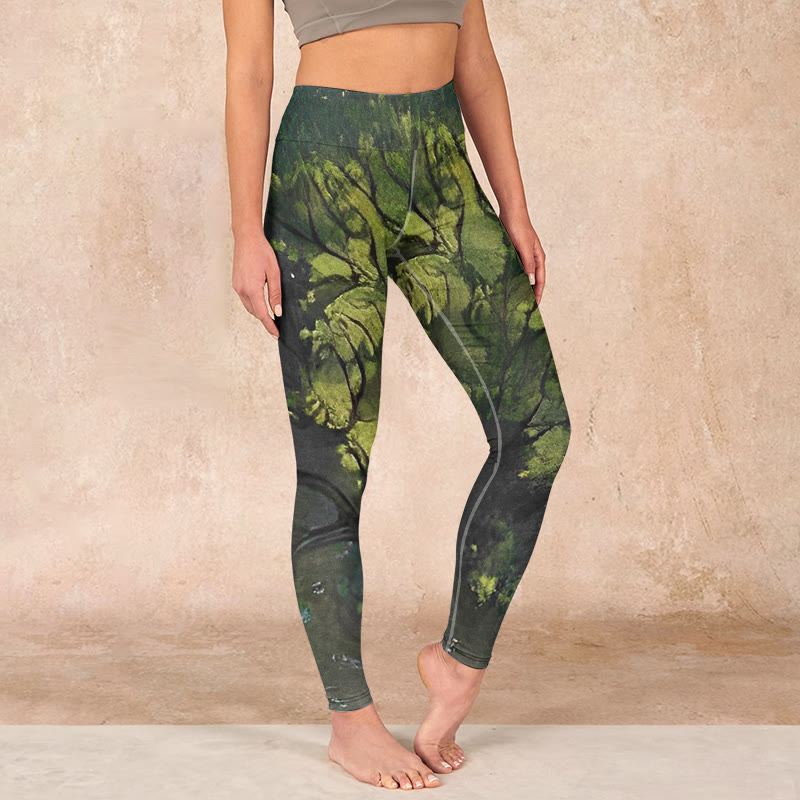 Buddha Stones ForestGreen Leaves Black Lines Print Exercise Leggings Women's Yoga Pants - ForestGreen - US18，UK/AU22，EU50 (4XL) - image 0