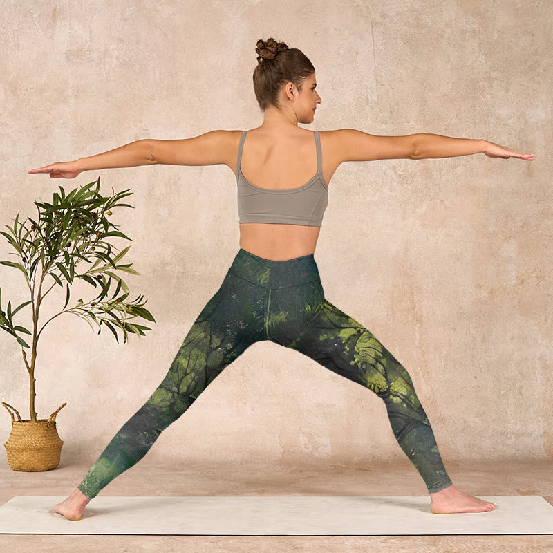 Buddha Stones ForestGreen Leaves Black Lines Print Exercise Leggings Women's Yoga Pants - image 10