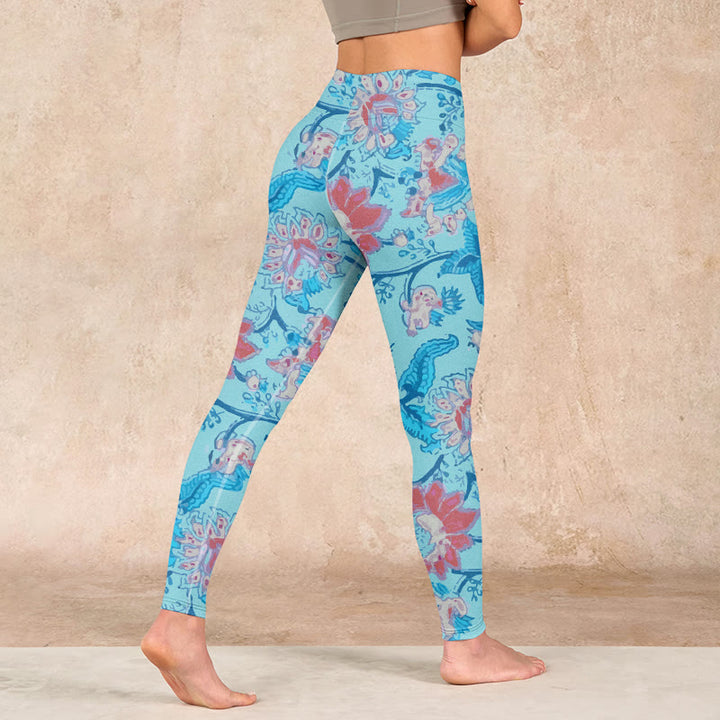 Buddha Stones Blue Red Flowers Leaves Print Gym Leggings Women's Yoga Pants - image 4