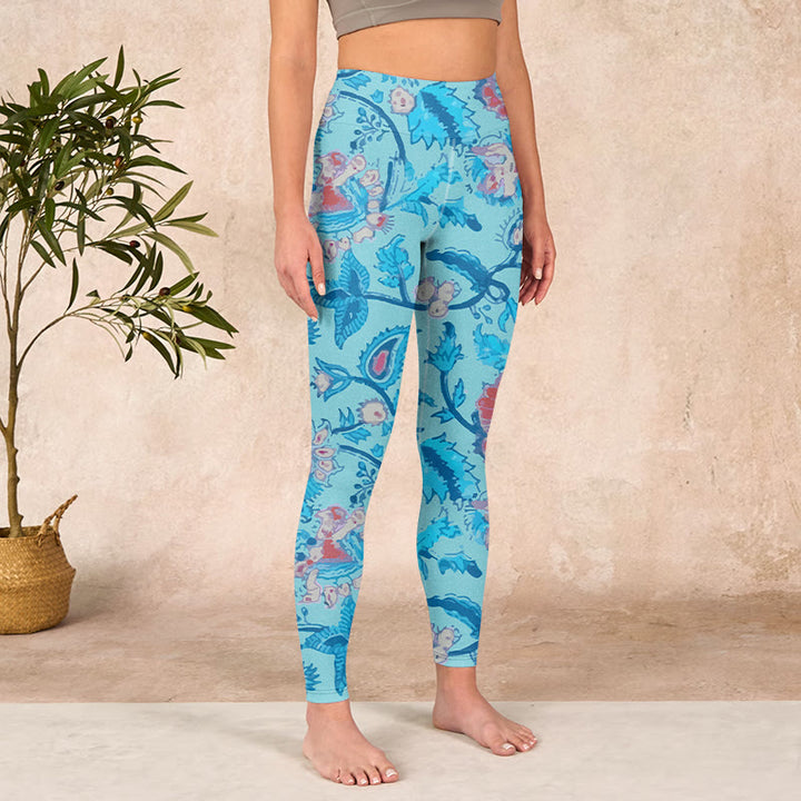 Buddha Stones Blue Red Flowers Leaves Print Gym Leggings Women's Yoga Pants - image 3