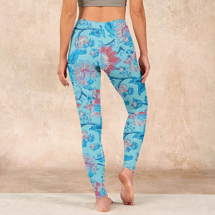Buddha Stones Blue Red Flowers Leaves Print Gym Leggings Women's Yoga Pants - image 14