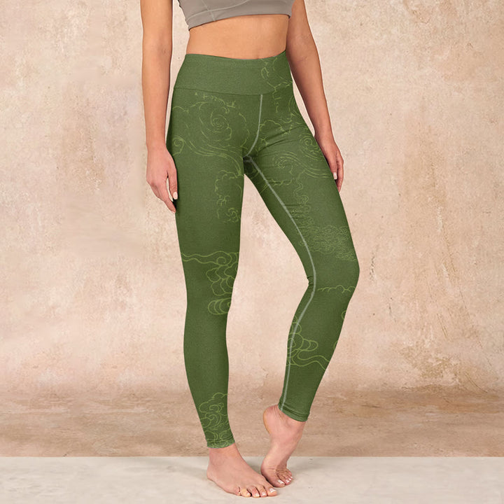 Buddha Stones Green Auspicious Cloud Waves Print Gym Leggings Women's Yoga Pants - OliveDrab - US18，UK/AU22，EU50 (4XL) - image 0