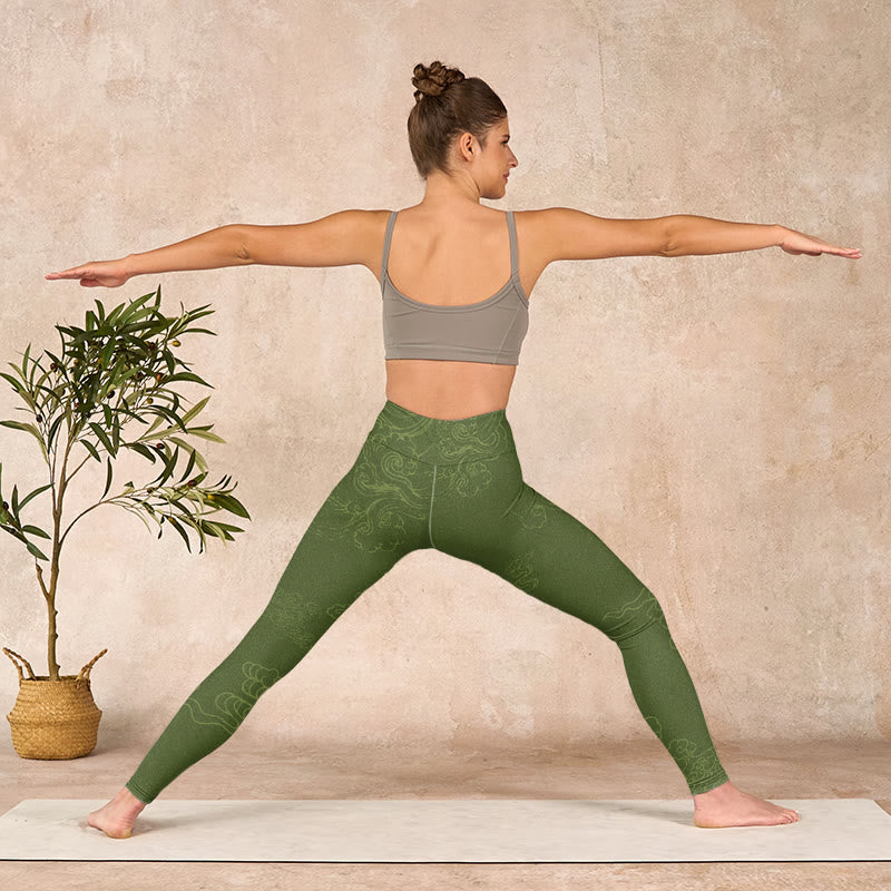 Buddha Stones Green Auspicious Cloud Waves Print Gym Leggings Women's Yoga Pants - image 10