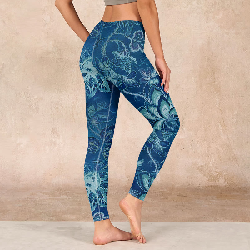 Buddha Stones Blue Flowers Print Sports Fitness Leggings Women's Yoga Pants - image 2