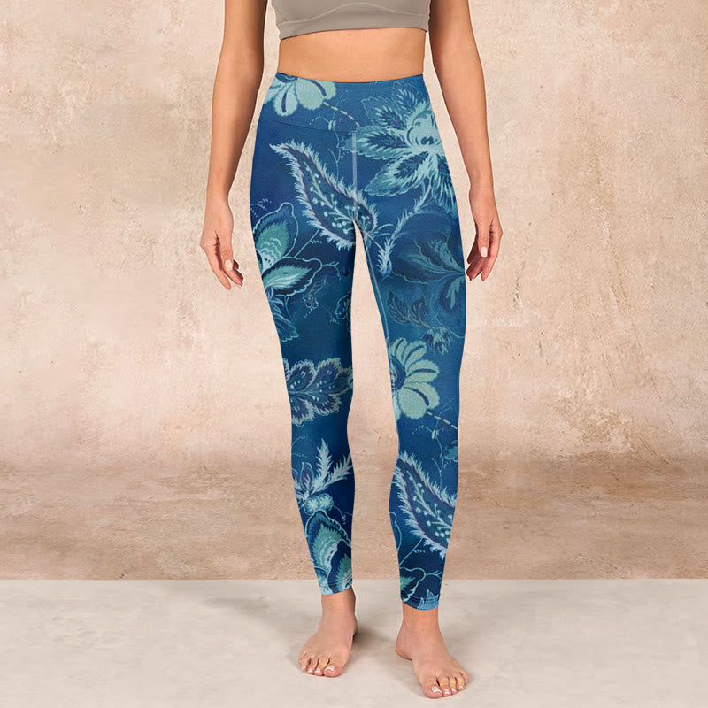Buddha Stones Blue Flowers Print Sports Fitness Leggings Women's Yoga Pants - image 1