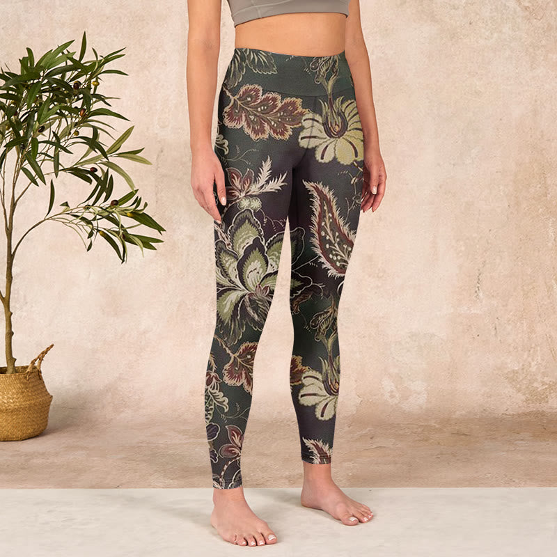 Buddha Stones Olive Florals Print Sports Fitness Leggings Women's Yoga Pants - image 3