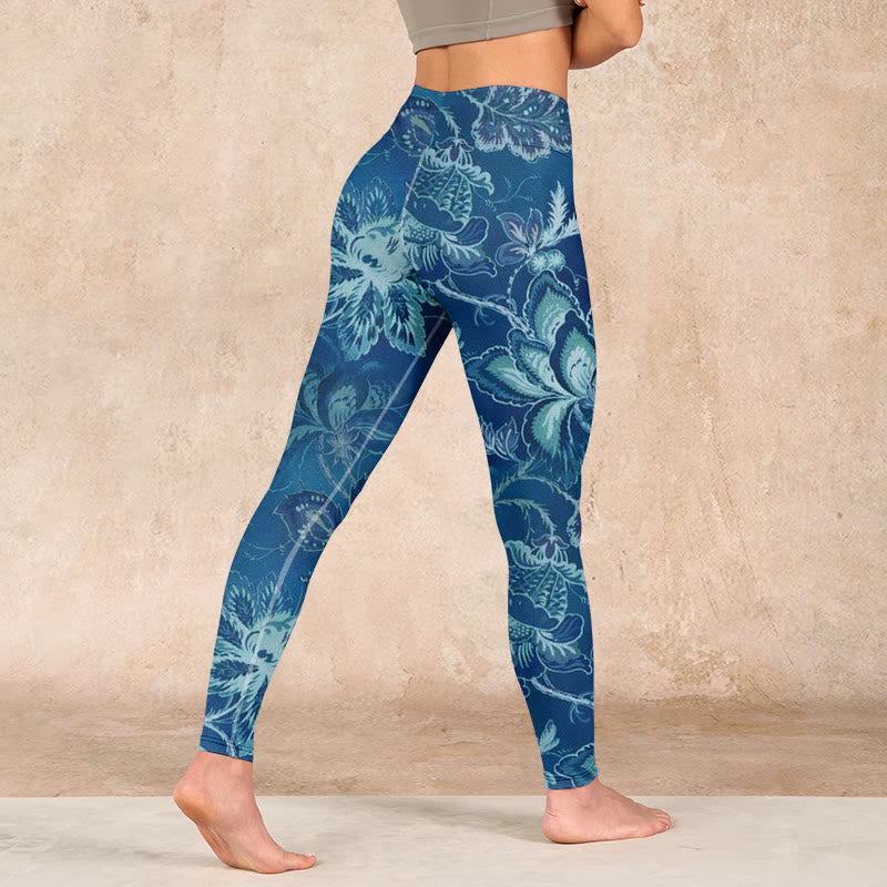 Buddha Stones Blue Flowers Print Sports Fitness Leggings Women's Yoga Pants - image 3