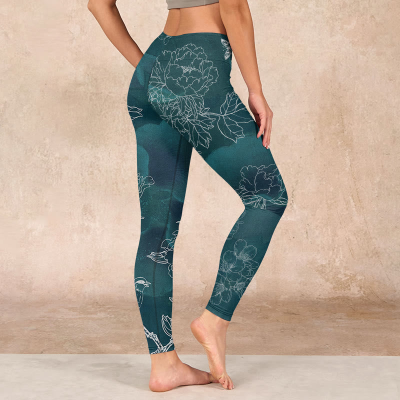 Buddha Stones Peony Flower Magpie Butterfly Print Gym Fitness Leggings Women's Yoga Pants - image 2