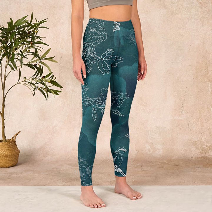 Buddha Stones Peony Flower Magpie Butterfly Print Gym Fitness Leggings Women's Yoga Pants - image 3