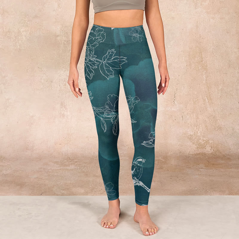 Buddha Stones Peony Flower Magpie Butterfly Print Gym Fitness Leggings Women's Yoga Pants - image 1