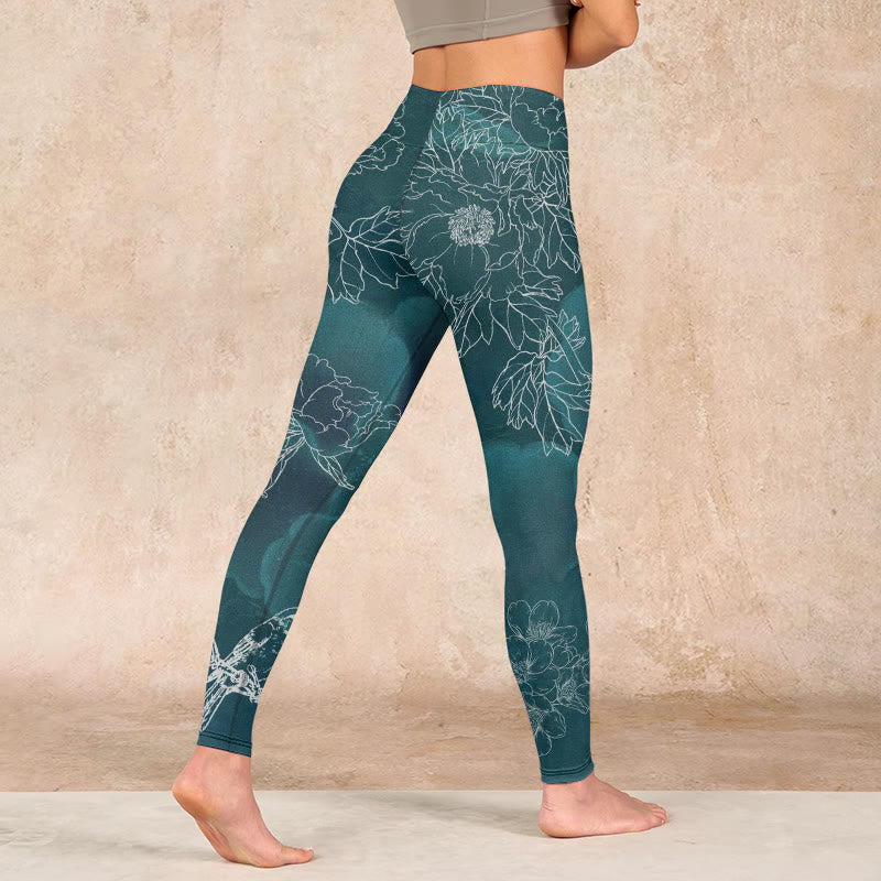 Buddha Stones Peony Flower Magpie Butterfly Print Gym Fitness Leggings Women's Yoga Pants - image 4