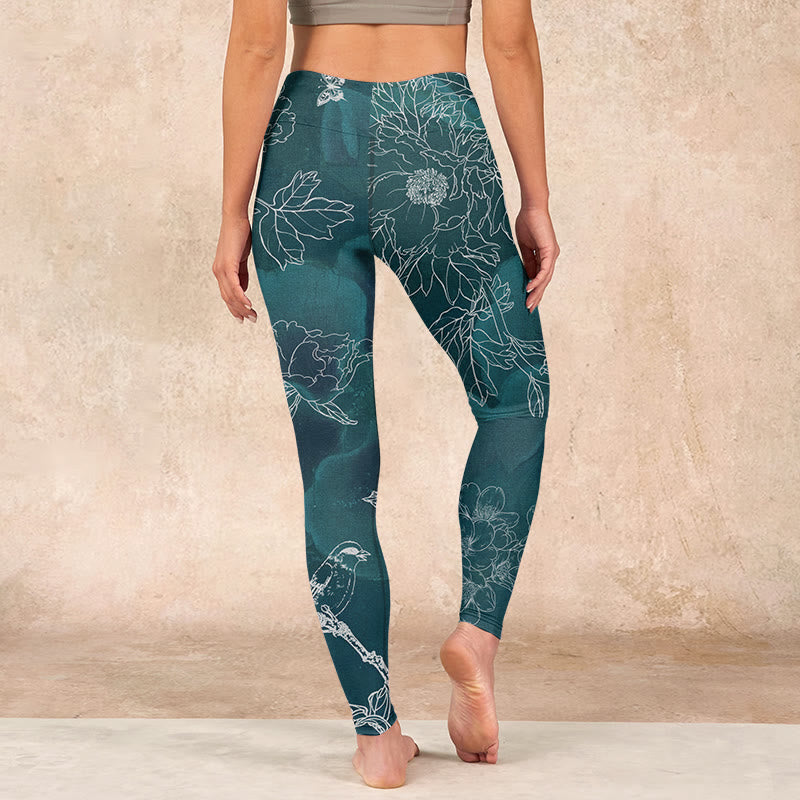 Buddha Stones Peony Flower Magpie Butterfly Print Gym Fitness Leggings Women's Yoga Pants - image 14