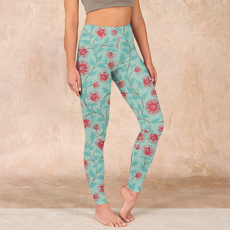 Buddha Stones Vine Leaves Blossom Print Gym Leggings Women's Yoga Pants - MediumAquamarine - US18，UK/AU22，EU50 (4XL) - image 0