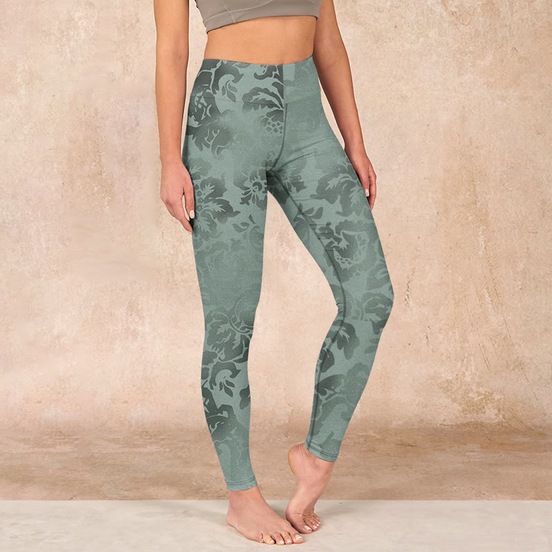 Buddha Stones Casual Flower Leaves Print Gym Fitness Leggings Women's Yoga Pants - DarkSeaGreen - US18，UK/AU22，EU50 (4XL) - image 0