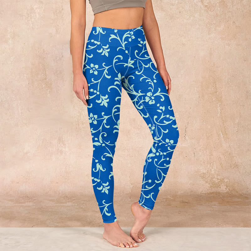Buddha Stones Vine Plants Flowers Print Gym Leggings Women's Yoga Pants - SteelBlue - US18，UK/AU22，EU50 (4XL) - image 0