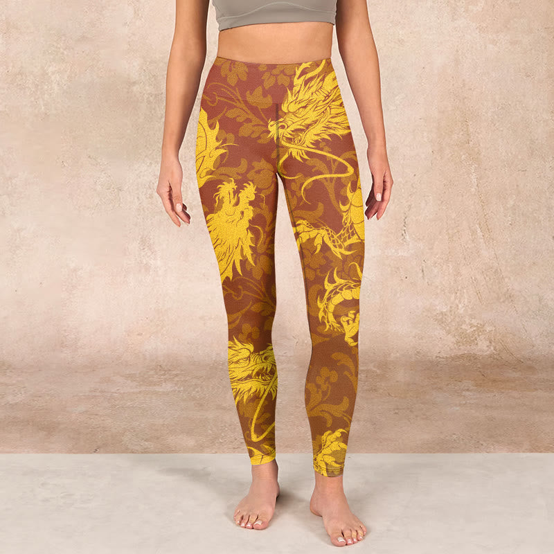 Buddha Stones Golden Dragon Flowers Print Gym Leggings Women's Yoga Pants - image 1