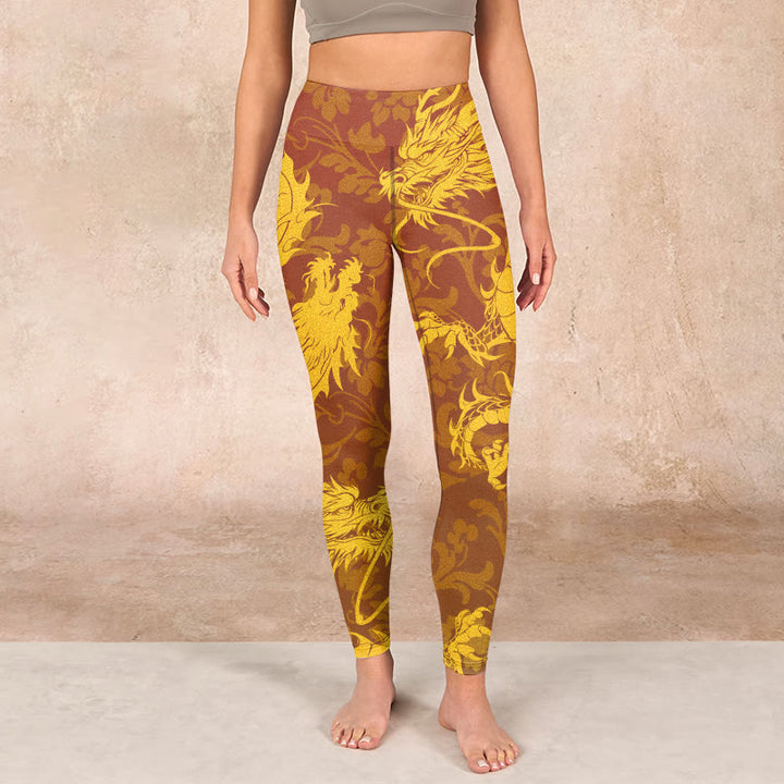 Buddha Stones Golden Dragon Flowers Print Gym Leggings Women's Yoga Pants - image 1