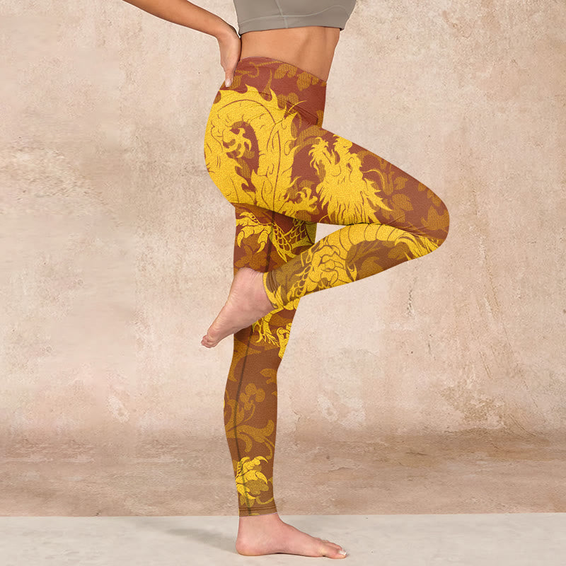 Buddha Stones Golden Dragon Flowers Print Gym Leggings Women's Yoga Pants - image 15