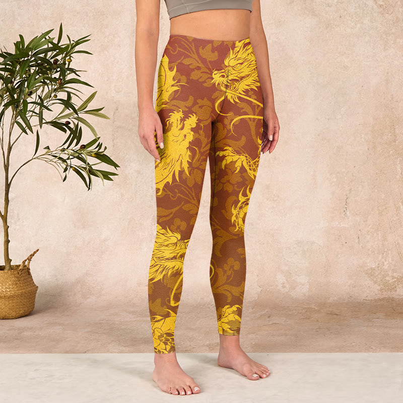 Buddha Stones Golden Dragon Flowers Print Gym Leggings Women's Yoga Pants - image 3