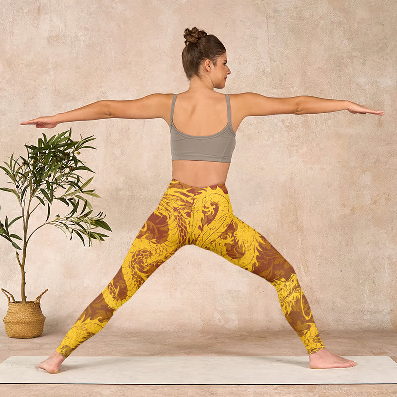 Buddha Stones Golden Dragon Flowers Print Gym Leggings Women's Yoga Pants - image 10