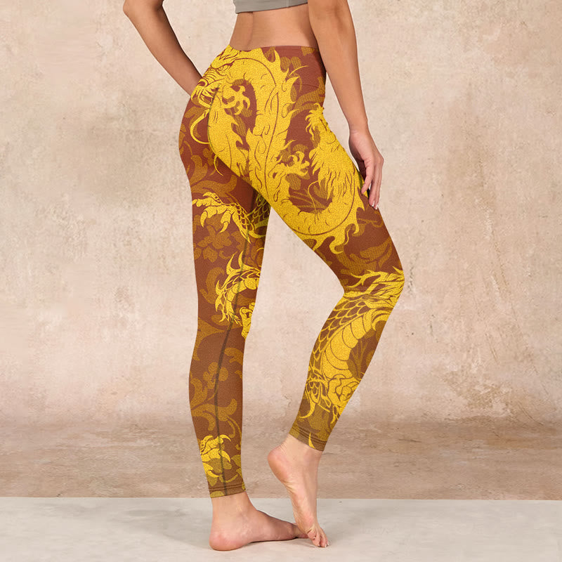 Buddha Stones Golden Dragon Flowers Print Gym Leggings Women's Yoga Pants - image 2