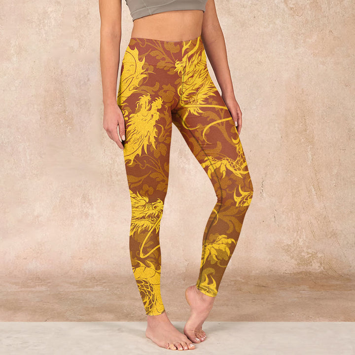 Buddha Stones Golden Dragon Flowers Print Gym Leggings Women's Yoga Pants - Gold - US18，UK/AU22，EU50 (4XL) - image 0