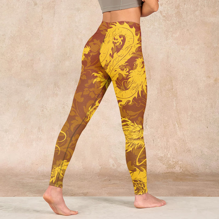 Buddha Stones Golden Dragon Flowers Print Gym Leggings Women's Yoga Pants - image 4