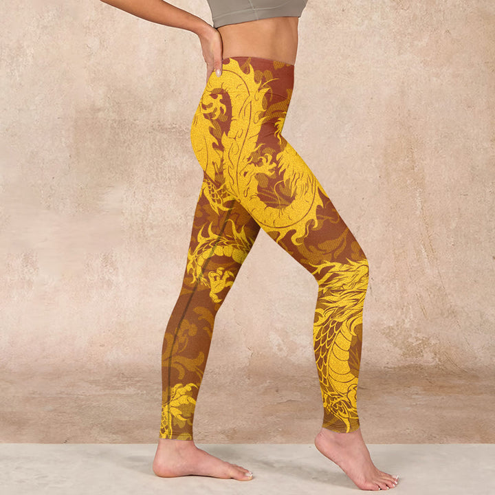 Buddha Stones Golden Dragon Flowers Print Gym Leggings Women's Yoga Pants - image 16