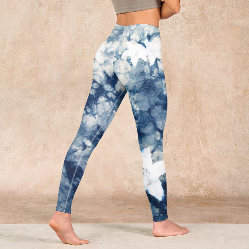 Buddha Stones Blue Lily Flowers Watercolor Texture Print Gym Leggings Women's Yoga Pants - image 4