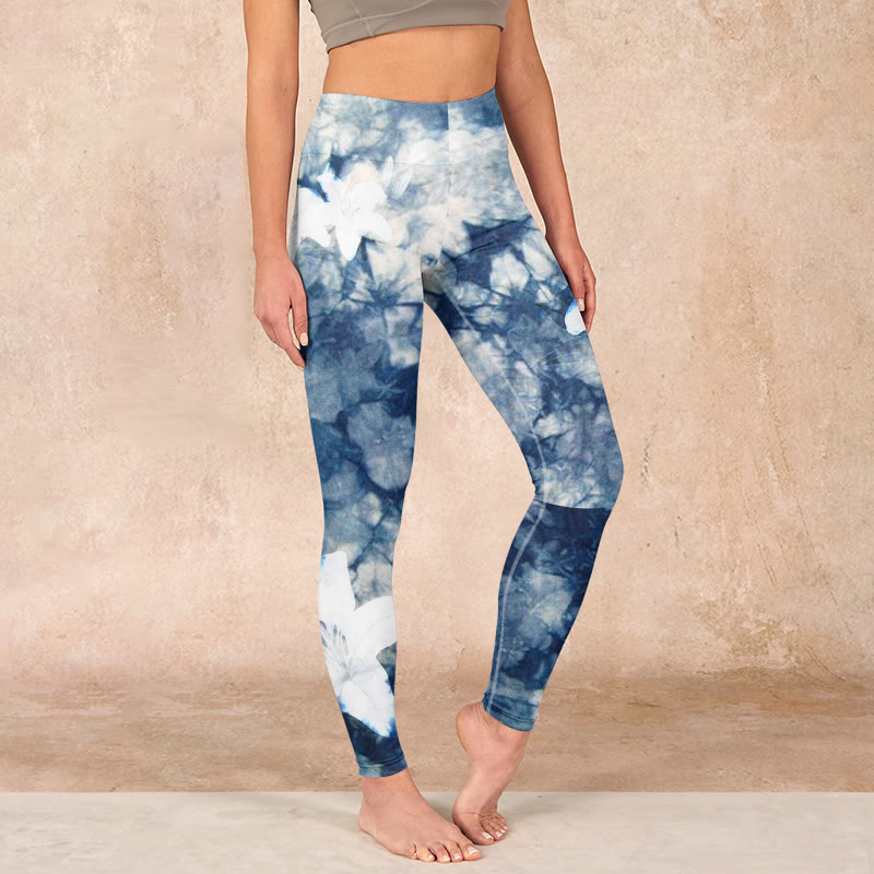 Buddha Stones Blue Lily Flowers Watercolor Texture Print Gym Leggings Women's Yoga Pants - SteelBlue - US18，UK/AU22，EU50 (4XL) - image 0