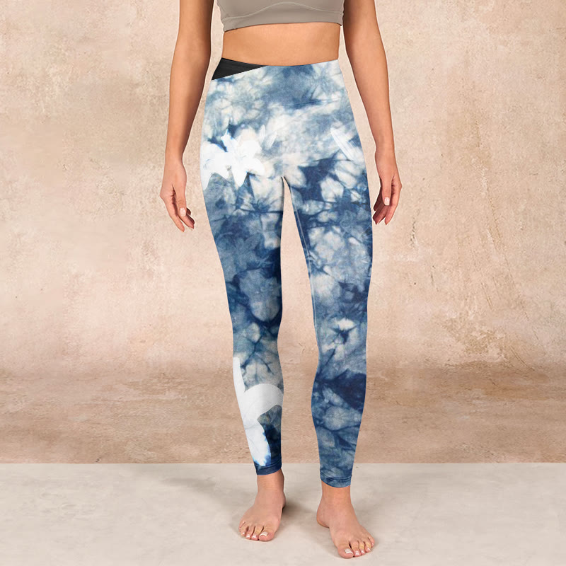 Buddha Stones Blue Lily Flowers Watercolor Texture Print Gym Leggings Women's Yoga Pants - image 1