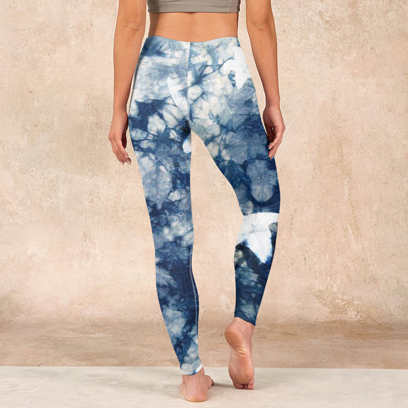 Buddha Stones Blue Lily Flowers Watercolor Texture Print Gym Leggings Women's Yoga Pants - image 14