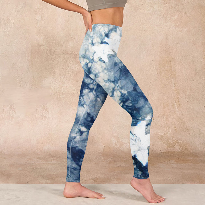 Buddha Stones Blue Lily Flowers Watercolor Texture Print Gym Leggings Women's Yoga Pants - image 16