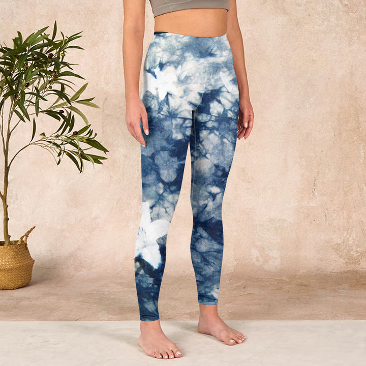 Buddha Stones Blue Lily Flowers Watercolor Texture Print Gym Leggings Women's Yoga Pants - image 3