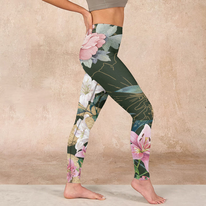 Buddha Stones Green Golden Snake Lily Peony Flowers Print Gym Leggings Women's Yoga Pants - image 16