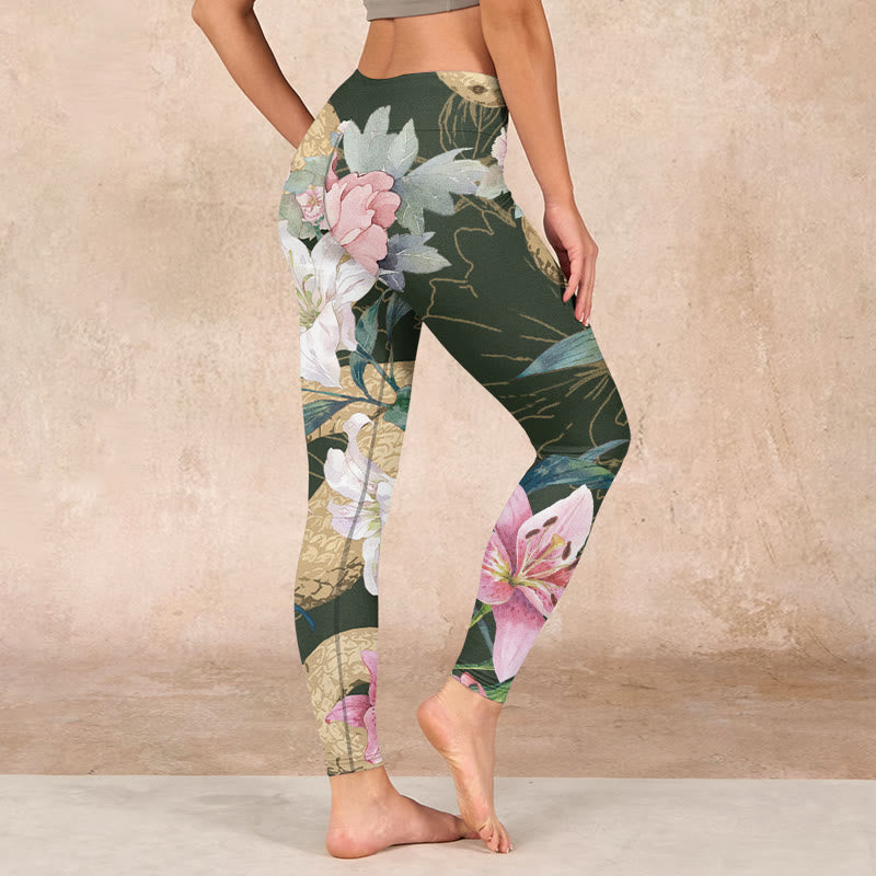 Buddha Stones Green Golden Snake Lily Peony Flowers Print Gym Leggings Women's Yoga Pants - image 2