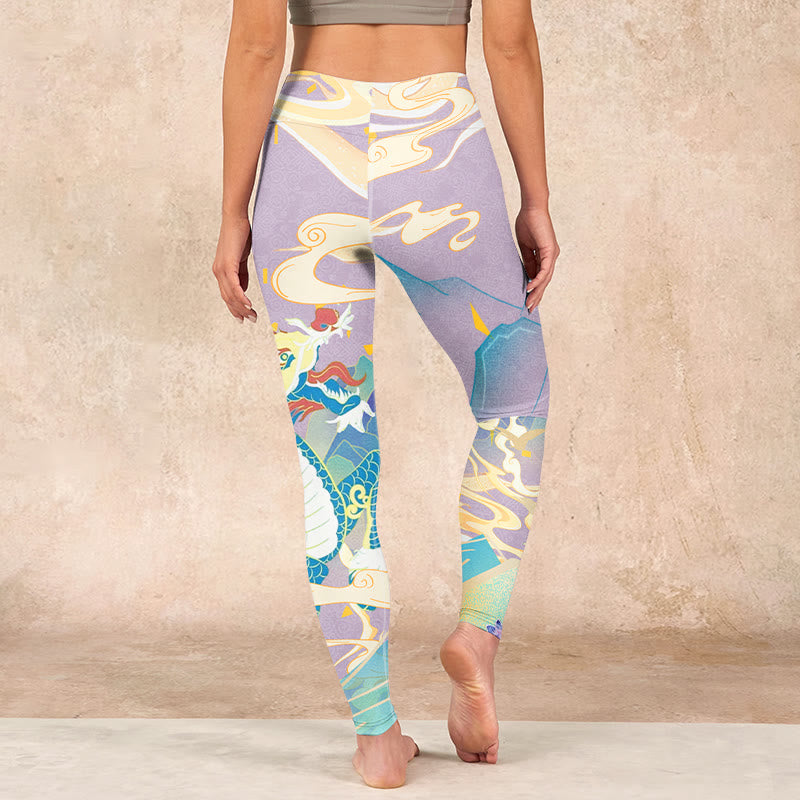 Buddha Stones Purple Dragon Auspicious Clouds Print Gym Leggings Women's Yoga Pants - image 14