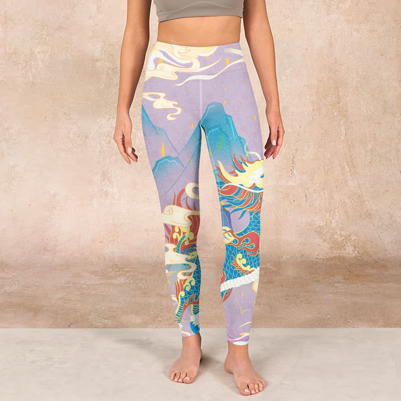 Buddha Stones Purple Dragon Auspicious Clouds Print Gym Leggings Women's Yoga Pants - image 1