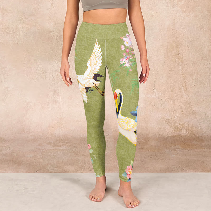 Buddha Stones Hibiscus Birds Bamboo Print Gym Leggings Women's Yoga Pants - image 1