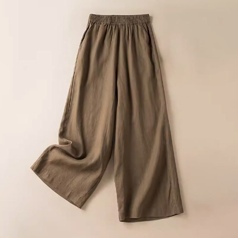 Buddha Stones Casual Solid Color Cotton Linen Women's Wide Leg Pants With Pockets - DarkGoldenrod - US12，UK/AU16，EU44 (3XL) - image 0