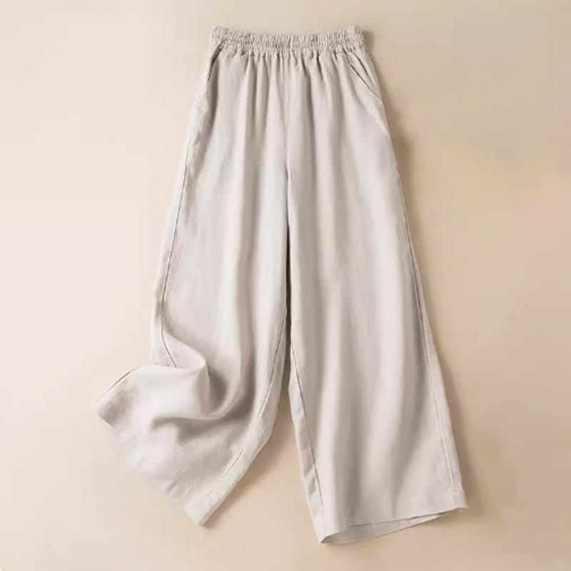 Buddha Stones Casual Solid Color Cotton Linen Women's Wide Leg Pants With Pockets - Beige - US12，UK/AU16，EU44 (3XL) - image 21