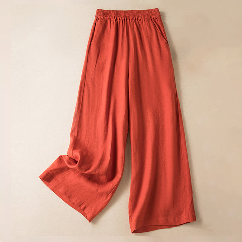 Buddha Stones Casual Solid Color Cotton Linen Women's Wide Leg Pants With Pockets - OrangeRed - US12，UK/AU16，EU44 (3XL) - image 6