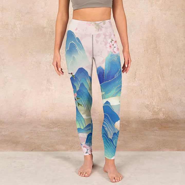 Buddha Stones Plum Blossoms Mountains Print Gym Leggings Women's Yoga Pants - image 1