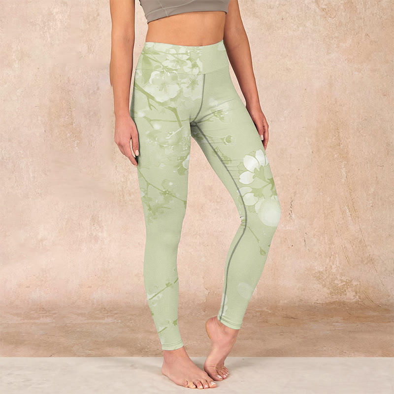 Buddha Stones White Plum Blossoms Print Gym Leggings Women's Yoga Pants - PaleGoldenrod - US18，UK/AU22，EU50 (4XL) - image 0
