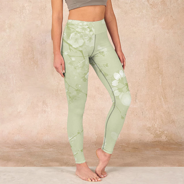 Buddha Stones White Plum Blossoms Print Gym Leggings Women's Yoga Pants - PaleGoldenrod - US18，UK/AU22，EU50 (4XL) - image 0
